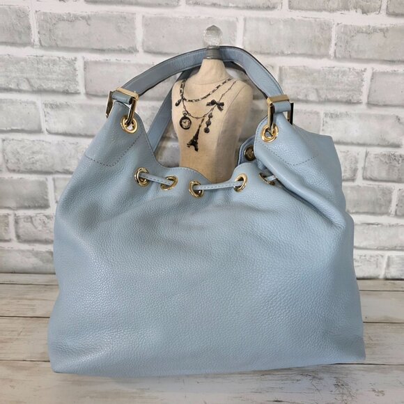 Michael Kors Camden Pebbled Leather Drawstring Bag Light Blue Tasseled Classic - Picture 2 of 12